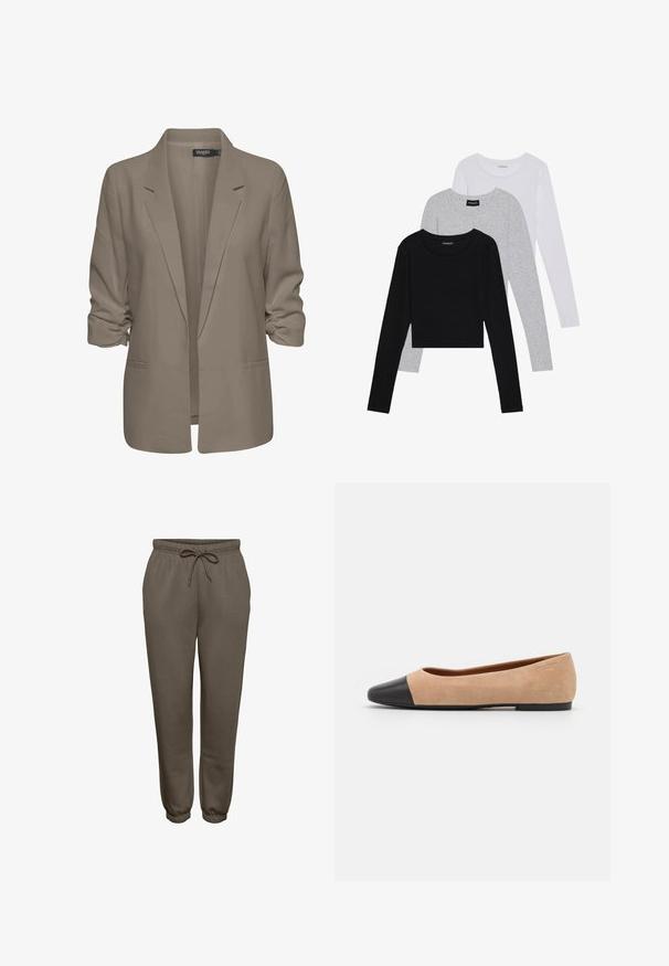 Beige löysä istuva bleiseri, joka on valmistettu sileästä kankaasta, sisältää käännetyt hihansuut, kaksi sivutaskua ja viiltoverhoillun kauluksen muotoilun.; Kolme pitkähihasta paita päällekkäin: musta, harmaa ja valkoinen. Jokaisessa on pyöreä pääntie ja lyhennetty muotoilu, jossa on sileä ja kevyt kangas.; Ruske sweatpants lavet af blødt stof med elastisk talje og snor, og tapered manchetter ved anklerne.; Beige mokkasiner i semsket skinn med svart lær ved tuppen, lav hæl og glatt tekstur, med minimal søm og et rent design.