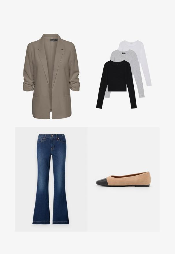 Beige løs blazer lavet af glat stof, har rullede ærmer, to sidelommer og en krave med hak.; Tre langærmede toppe stablet: sort, grå og hvid. Hver har en rund halsudskæring og et cropped design med glat, let stof.; Flared denim jeans i mørkeblå, med forlommer, metalknapper og subtile stiksyningsdetaljer. Cottonstof med en glat tekstur.; Beige ruskind balletflade med en sort læder rund tåkap, lav hæl og glat tekstur, der har minimal syning og et enkelt design.