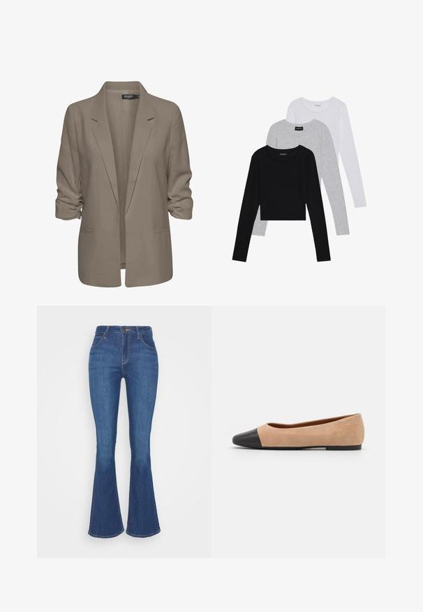 Beige, losse blazer van een gladde stof, met opgerolde mouwen, twee zijzakken en een geknipt revers ontwerp.; Drie langmouwige tops gestapeld: zwart, grijs en wit. Elke top heeft een ronde halslijn en een cropped ontwerp van soepel, lichtgewicht materiaal.; Donkerblauwe uitlopende jeans van denim, met een hoge taille, voorkeerdvakken en zichtbare stiksels. Klassiek vijf-pocket ontwerp.; Beige suède ballet flats met een zwarte leren ronde neuskap, lage hak en een gladde textuur, met minimale stiksels en een schone uitstraling.