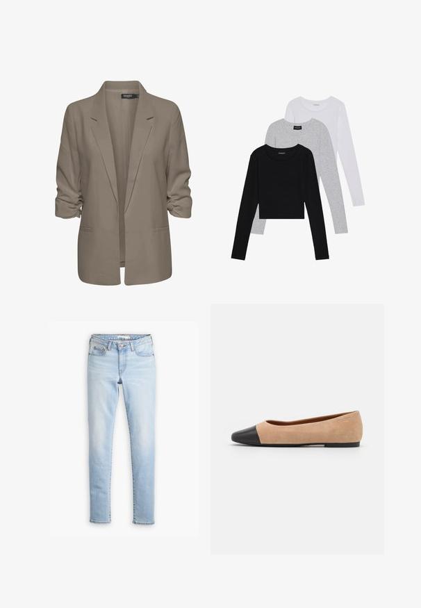 Beige lõdvalt istuv bleiser, valmistatud siledast kangast, millel on üleskeeratud varrukad, kaks küljetaskut ja lõikega krae.; Kolm pikkade varrukatega toppi, mis on üksteise peale asetatud: must, hall ja valge. Igal ühel on ümar kaelus ja lühike disain, valmistatud siledast, kergekaalulisest kangast.; Heledad sinise denimist valmistatud kitsas sobivuses, keskmise kõrgusega vöökoht, viie taskuga disain ja õrn pleekimine jalgadel. Klassikaline nööbi ja lukuga sulgemine.; Beežist nubukist balletkingad musta nahast ümara ninaotsaga, madala kanna ja siledaga, millel on minimaalne õmblus ja lihtne disain.