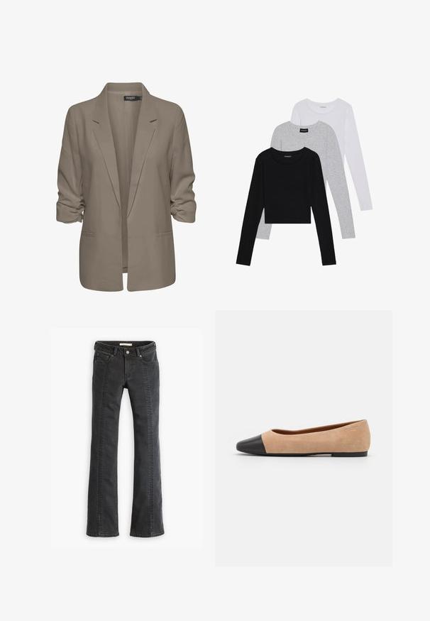 Blazer beige ample, fabriqué en tissu lisse, présente des manches retroussées, deux poches latérales et un design à revers.; Trois hauts à manches longues empilés : noir, gris et blanc. Chacun a un col rond et un design court avec un tissu lisse et léger.; Jean flare en denim noir avec cinq poches, passants de ceinture et coutures contrastées le long des coutures avant. Texture douce et taille standard.; Ballet flat en suédine beige avec un embout rond en cuir noir, petit talon et texture lisse, présentant des coutures minimales et un design épuré.