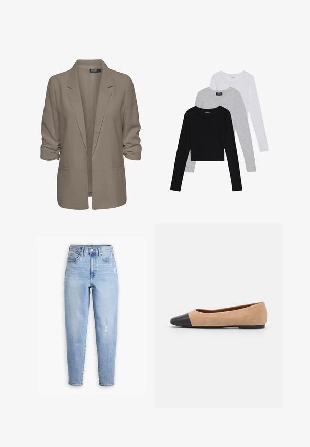 Bež srajcni blazer, ohlapen kroj, izdelan iz gladkega materiala, z zavitimi rokavi, dvema stranskima žepoma in zareznim ovratnikom.; Tri dolga rokava zložena: črna, siva in bela. Vsaka ima okroglo izreznico in skrajšan dizajn z gladkim, lahkotnim materialom.; Svijetloplave traperice visokog struka, s ravnim nogavicama, blagim izbljeđivanjem i malim izlizanim dijelom na desnom butu.; Bež suedska baletna obutev s črnim usnjenim okroglim delom na prstih, nizko peto in gladko teksturo, ki se ponaša z minimalnimi šivi in čistim dizajnom.