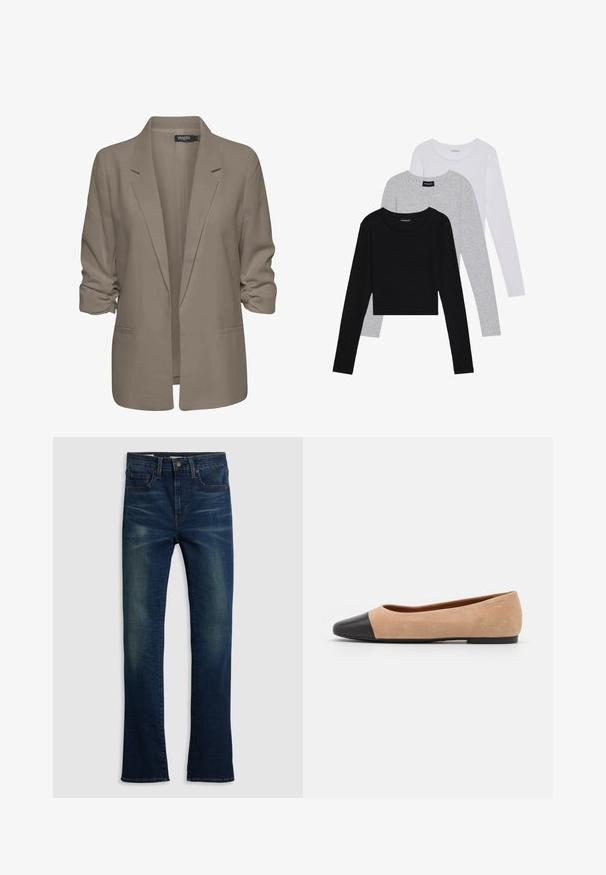 Beige volný blejzr, vyrobený z hladké tkaniny, má ohrnuté rukávy, dvě boční kapsy a klopový design.; Tři trička s dlouhým rukávem naskládaná na sobě: černé, šedé a bílé. Každé má kulatý výstřih a kratší střih z hladkého, lehkého materiálu.; Tmavě modré džínové kalhoty se rovnými nohavicemi, pětizasunovým stylem a jemným whiskeringem na přední straně.; Béžové semišové baleríny s černou koženou kulatou špičkou, nízkým podpatkem a hladkým povrchem, s minimálním prošíváním a čistým designem.