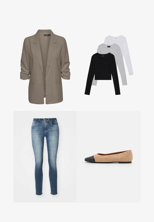 Bežs brīvā piegriezuma žakete, izgatavota no gludas auduma, ar sarullētām piedurknēm, divām sānu kabatām un ar iedziļinātu apkakles dizainu.; Trīs garām piedurknēm veidotas augšdaļas, sakrautās: melna, pelēka un balta. Katram ir noapaļots kakla izgriezums un īsa dizaina forma ar gludu, vieglu audumu.; Šauri zili džinsi, izgatavoti no denima, ar izbalējušu apdari, nelielu noberšanos priekšpusē un saplēstām malām pie potītēm.; Beigā zamšādas balerīnas ar melnu ādas noapaļotu purngalu, zemu papēdi un gludu tekstūru, ar minimālu dūrienu un tīru dizainu.