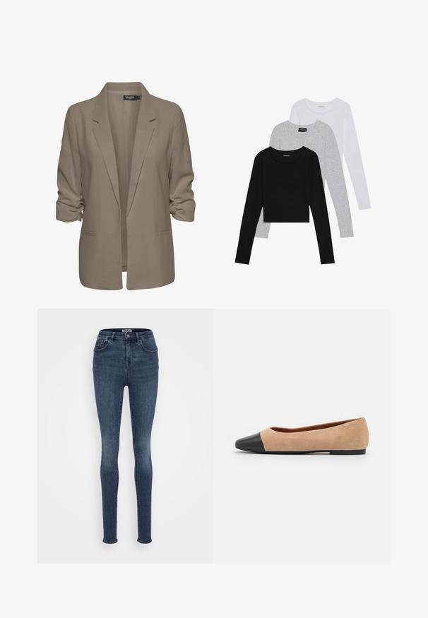 Smėlinis laisvas blazeris, pagamintas iš lygios medžiagos, turi suktus rankovės, dvi šonines kišenes ir įpjautą apykaklę.; Trijų ilgomis rankovėmis marškinėlių krūva: juodas, pilkas ir baltas. Kiekvienas turi apvalų iškirpimą ir trumpą dizainą, pagamintas iš lygaus, lengvo audinio.; Tinkamos fitas džinsai tamsiai mėlynos spalvos, su vidutinio aukščio juosmeniu, turintys priekinės kišenes, vieną metalinį užtrauktuką ir minimalų nudilimą.; Šviesiai rudas zomšiniai baleto bateliai su juodu odiniu suapvalintu pirštu, maža pakulne ir lygia tekstūra, su minimaliai siūlėmis ir tvarkingu dizainu.