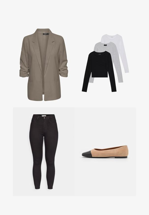 Beige volný blejzr, vyrobený z hladké tkaniny, má ohrnuté rukávy, dvě boční kapsy a klopový design.; Tři trička s dlouhým rukávem naskládaná na sobě: černé, šedé a bílé. Každé má kulatý výstřih a kratší střih z hladkého, lehkého materiálu.; Černé úzké džíny s vysokým pasem, s předním zapínáním na knoflík a zip, poutek na opasek a pěti kapsami, vystavené na bílém pozadí.; Béžové semišové baleríny s černou koženou kulatou špičkou, nízkým podpatkem a hladkým povrchem, s minimálním prošíváním a čistým designem.