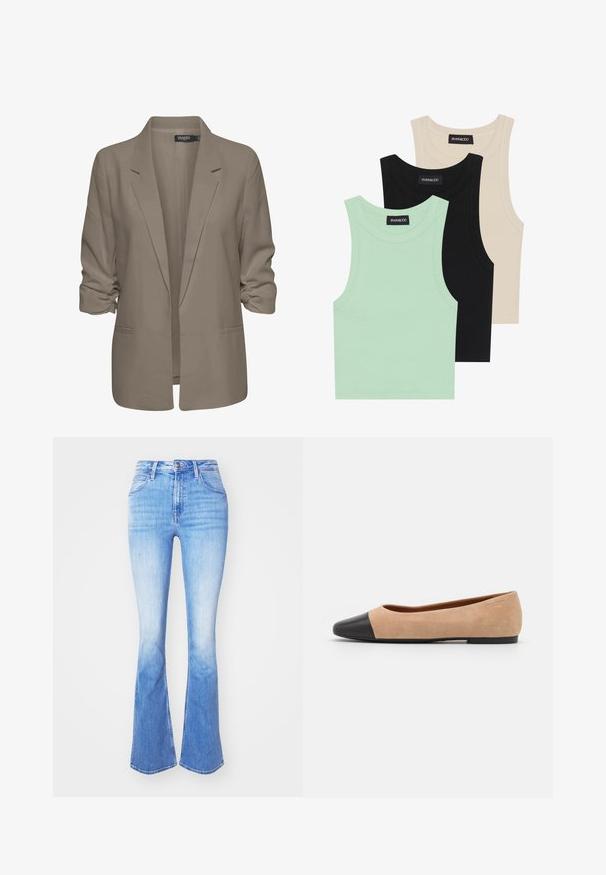 Blazer beige de corte holgado, hecho de tela suave, presenta mangas enrolladas, dos bolsillos laterales y un diseño de solapa muesca.; Tres camisetas sin mangas en verde menta, negro y beige; hechas de tela acanalada con un escote redondo. Etiqueta de la marca visible.; Jeans acampanados de color azul claro, hechos de mezclilla, con una cintura alta, diseño tradicional de cinco bolsillos y un degradado de color que va hacia el dobladillo.; Bailarina de ante beige con una puntera redondeada de cuero negro, tacón bajo y textura suave, que presenta costuras mínimas y un diseño limpio.