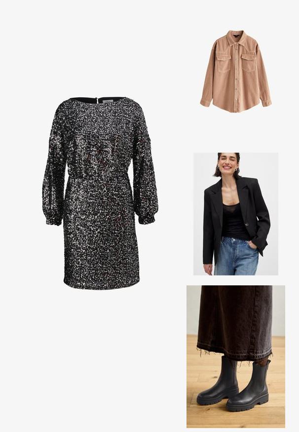 Črn blazer s strukturiranim dizajnom, enojnim gumbom za zapiranje in ostrimi reverji; v kombinaciji s črnim prosojnim topom in modrimi obrabljenimi kavbojkami.; Črna obleka pokrita s srebrnimi in rdečimi bleščicami, z zaobljenim izrezom, dolgimi napihnjenimi rokavi in poudarjenim pasom. Zadrga na hrbtni strani.; Svjetlosmeđa traper košulja s dugim rukavima, šiljastim ovratnikom, dvije prednje džepove i srebrnim dugmadi na snap. Karakterizira je opušteni kroj i izdržljiv materijal.; Črne usnjene gležnjarje z elastičnimi stranskimi paneli, debelim gumijastim podplatom in zaobljenim prstom, v kombinaciji s temno, strganimi denim krilom.