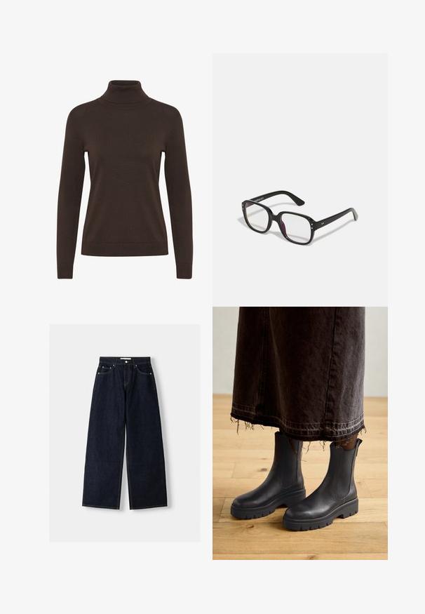 Zwarte blazer met een gestructureerd ontwerp, gesloten met één knop en scherpe revers; gedragen met een zwarte doorzichtige top en blauwe versleten jeans.; Bruine coltrui met lange mouwen, een getailleerd ontwerp en een ribbelstructuur rond de kraag en manchetten.; Lichtbruin denimshirt met lange mouwen, een puntkraag, twee voorzakken en zilveren drukknoopjes. Beschikt over een ontspannen pasvorm en een duurzame textuur.; Donkerblauwe denim wijduitlopende jeans met een hoge taille, vijf zakken, contrasterende stiksels en zilveren metalen hardware. Gladde textuur en een nette afwerking.; Zwarte leren enkellaarzen met elastische zijpanelen, een stevige rubberen zool en een ronde neus, gecombineerd met een donkere, versleten denim rok.; Zwarte rechthoekige bril met heldere lenzen, voorzien van afgeronde randen en zijaccenten, met een glanzende afwerking van het montuur en de pootjes.