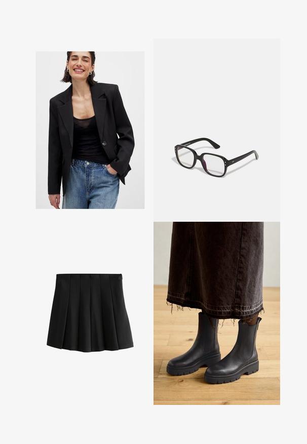 Blazer noir au design structuré, fermeture à un bouton et revers acérés ; associé à un haut transparent noir et un jean bleu déchiré.; Chemise en denim marron clair à manches longues, col pointu, deux poches avant et boutons-pression argentés. Présente une coupe décontractée et une texture durable.; Jupe mini plissée noire avec une taille lisse et des plis déstructurés en forme de boîte inversée, isolée sur fond blanc.; Bottines noires en cuir avec des panneaux élastiques sur les côtés, une semelle en caoutchouc épaisse et un bout arrondi, associées à une jupe en denim foncé effilochée.; Lunettes noires rectangulaires avec des verres transparents, présentant des bords arrondis et des accents sur les côtés, avec une finition brillante sur la monture et les branches.