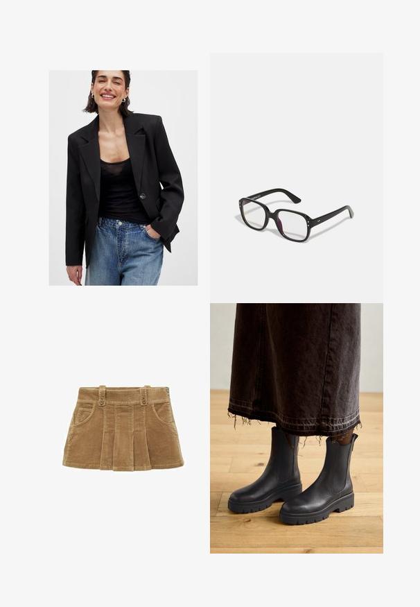 Blazer nero con un design strutturato, chiusura a un bottone e rever affilati; abbinato a un top nero trasparente e jeans blu strappati.; Camicia in denim marrone chiaro con maniche lunghe, colletto a punta, due tasche frontali e bottoni a pressione argentati. Presenta una vestibilità comoda e una texture resistente.; Mango Gonna a campana - khaki; Stivali neri in pelle fino alla caviglia con pannelli elastici laterali, suola in gomma spessa e punta arrotondata, abbinati a una gonna di denim scuro e sfilacciata.; Occhiali neri rettangolari con lenti trasparenti, caratterizzati da bordi arrotondati e dettagli laterali, con una finitura lucida sulla montatura e sulle astine.