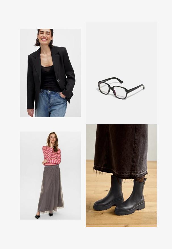 Črn blazer s strukturiranim dizajnom, enojnim gumbom za zapiranje in ostrimi reverji; v kombinaciji s črnim prosojnim topom in modrimi obrabljenimi kavbojkami.; Svjetlosmeđa traper košulja s dugim rukavima, šiljastim ovratnikom, dvije prednje džepove i srebrnim dugmadi na snap. Karakterizira je opušteni kroj i izdržljiv materijal.; Nümph NUEA - Dolgo krilo - dark shadow; Črne usnjene gležnjarje z elastičnimi stranskimi paneli, debelim gumijastim podplatom in zaobljenim prstom, v kombinaciji s temno, strganimi denim krilom.; Črne pravokotne očala z prozornimi lečami, z zaobljenimi robovi in stranskimi dodatki, z gladkim finišem na okvirju in ročajih.