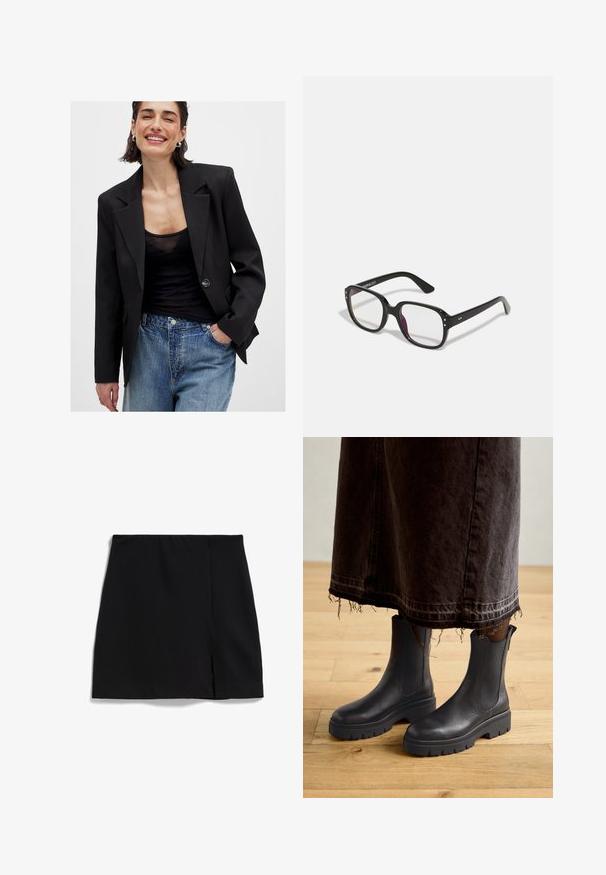 Blazer negro con un diseño estructurado, cierre de un solo botón y solapas afiladas; combinado con una blusa negra transparente y jeans desgastados azules.; Camisa de denim marrón claro con mangas largas, cuello puntiagudo, dos bolsillos frontales y botones a presión plateados. Tiene un corte relajado y una textura duradera.; Minifalda negra de tela suave, con una abertura lateral y una cinturilla elástica para mayor comodidad. Diseño simple y estilizado.; Botas de tobillo de cuero negro con paneles laterales elásticos, suela de goma gruesa y puntera redondeada, combinadas con una falda de mezclilla oscura y desgastada.; Gafas rectangulares negras con lentes transparentes, con bordes redondeados y acentos laterales, con un acabado brillante en el marco y las patillas.