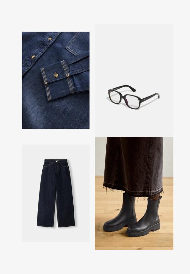Czarny żakiet o strukturalnym kroju, zapinany na pojedynczy guzik, z ostrymi klapami; połączony z czarnym przezroczystym topem i niebieskimi, postarzanymi dżinsami.; Granatowa koszula dżinsowa z jasnobrązowymi przeszyciami, z kołnierzykiem zapinanym na guziki i jedną kieszenią na lewym rękawie.; Granatowe dżinsy z szerokimi nogawkami i wysokim stanem, pięć kieszeni, kontrastowe szwy i srebrne metalowe akcesoria. Gładka tekstura i czyste wykończenie.; Czarne skórzane botki za kostkę z elastycznymi panelami po bokach, masywną gumową podeszwą oraz zaokrąglonym noskiem, zestawione z ciemną, postrzępioną spódnicą dżinsową.; Czarne prostokątne okulary z przezroczystymi soczewkami, z zaokrąglonymi krawędziami i bocznymi akcentami, z błyszczącym wykończeniem na oprawie i podrękach.