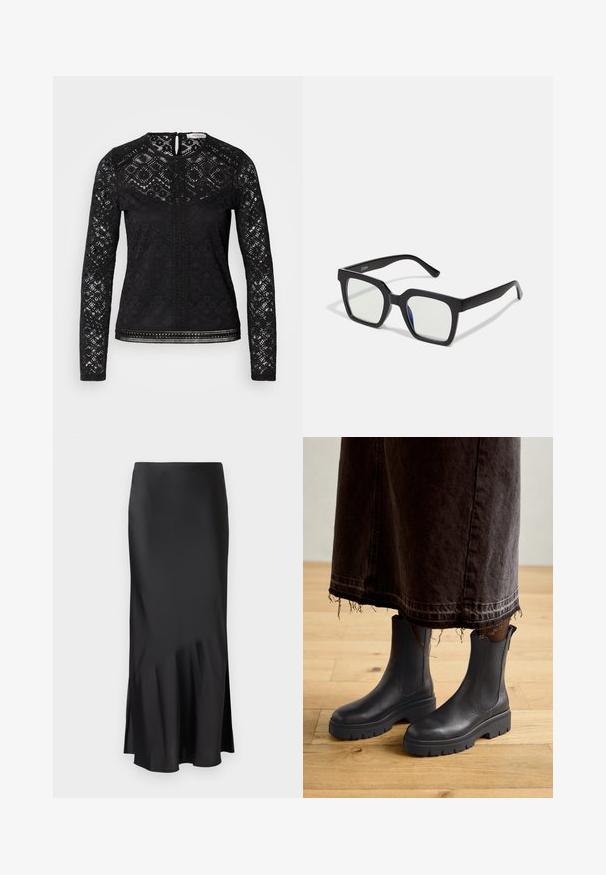 Czarny żakiet o strukturalnym kroju, zapinany na pojedynczy guzik, z ostrymi klapami; połączony z czarnym przezroczystym topem i niebieskimi, postarzanymi dżinsami.; Czarny top z długim rękawem, wykonany z koronkowego materiału w geometryczne wzory, z zapięciem w formie łezki z tyłu oraz dekoracyjnym wykończeniem wzdłuż hemu i środka.; Czarna satynowa spódnica midi o eleganckim fasonie, z delikatnym rozkloszowaniem u dołu i bocznym rozcięciem dla większej swobody ruchów. Gładka tekstura.; Czarne skórzane botki za kostkę z elastycznymi panelami po bokach, masywną gumową podeszwą oraz zaokrąglonym noskiem, zestawione z ciemną, postrzępioną spódnicą dżinsową.; Czarne okulary przeciwsłoneczne w matowym wykończeniu, z przezroczystymi soczewkami i lekko niebieskim odcieniem z jednej strony. Solidny, kanciasty design.; PULL&BEAR - Torba na zakupy
