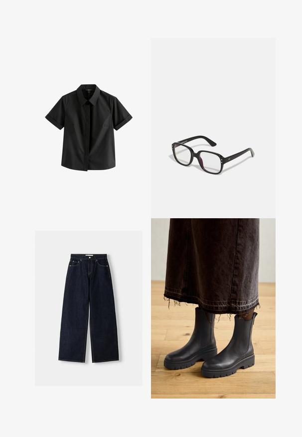 Black blazer with a structured design, single button closure, and sharp lapels; paired with a black sheer top and blue distressed jeans.; Short-sleeve black shirt made of smooth fabric, featuring a pointed collar, front button closure, and subtle side seams.; Dark blue denim wide-leg jeans with a high waist, five pockets, contrast stitching, and silver metal hardware. Smooth texture and clean finish.; Black leather ankle boots with elastic side panels, a chunky rubber sole, and a rounded toe, paired with a dark, frayed denim skirt.; Black rectangular glasses with clear lenses, featuring rounded edges and side accents, with a glossy finish on the frame and arms.