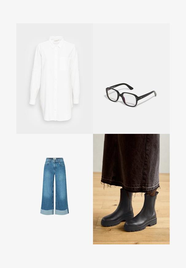 Black blazer with a structured design, single button closure, and sharp lapels; paired with a black sheer top and blue distressed jeans.; Long-sleeve white button-up shirt with collar and chest pocket, displayed on a plain light gray background.; Wide-leg denim jeans in light blue, featuring a raw hem and frayed cuffs. Classic five-pocket design with a front button closure.; Black leather ankle boots with elastic side panels, a chunky rubber sole, and a rounded toe, paired with a dark, frayed denim skirt.; Black rectangular glasses with clear lenses, featuring rounded edges and side accents, with a glossy finish on the frame and arms.