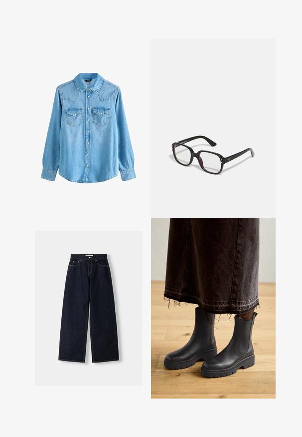 Zwarte blazer met een gestructureerd ontwerp, gesloten met één knop en scherpe revers; gedragen met een zwarte doorzichtige top en blauwe versleten jeans.; Lichtblauwe denim overhemd met een puntkraag, lange mouwen, twee borstzakken en drukknoopsluiting. Heeft een iets losse pasvorm en een yoke in westerse stijl.; Donkerblauwe denim wijduitlopende jeans met een hoge taille, vijf zakken, contrasterende stiksels en zilveren metalen hardware. Gladde textuur en een nette afwerking.; Zwarte leren enkellaarzen met elastische zijpanelen, een stevige rubberen zool en een ronde neus, gecombineerd met een donkere, versleten denim rok.; Zwarte rechthoekige bril met heldere lenzen, voorzien van afgeronde randen en zijaccenten, met een glanzende afwerking van het montuur en de pootjes.