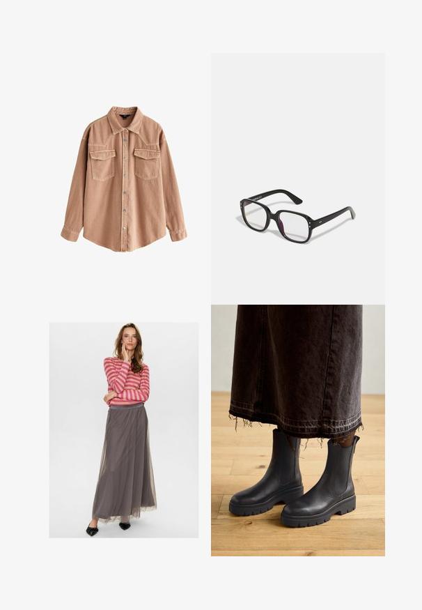 Čierny blazer so štruktúrovaným dizajnom, jedným gombíkom a ostrými klopami; kombinovaný s čiernym priehľadným topom a modrými roztrhnutými džínsami.; Svetlohnedá deninová košeľa s dlhými rukávmi, špicatým golierom, dvoma prednými vreckami a striebornými cvokmi. Má uvoľnený strih a odolnú textúru.; Nümph NUEA - Maxisukňa - dark shadow; Čierne kožené členkové topánky s elastickými bočnými panelmi, robustnou gumovou podrážkou a zaoblenou špičkou, skombinované s tmavou, otrhanou džínsovou sukňou.; Čierne obdĺžnikové okuliare s priesvitnými sklami, s zaoblenými okrajmi a bočnými akcentmi, s lesklým povrchom rámu a ramien.