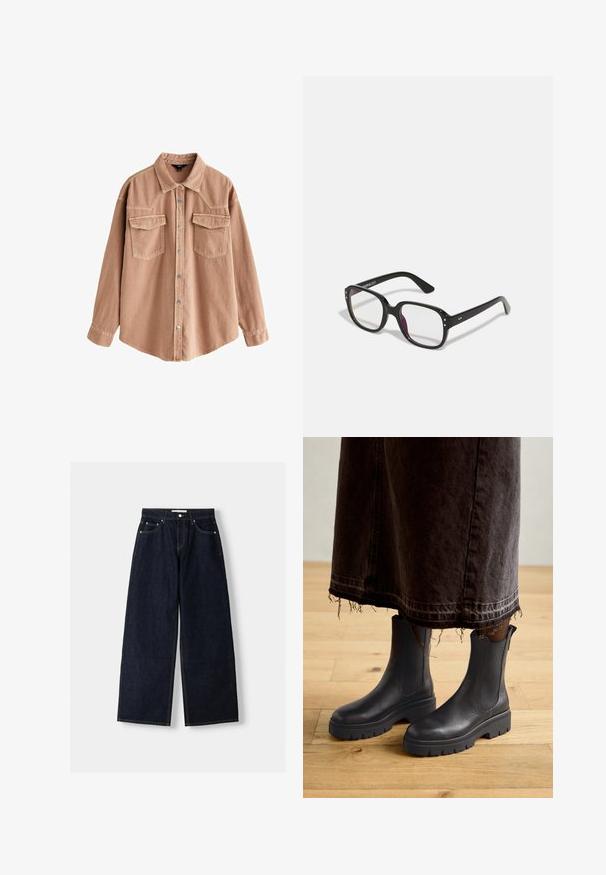 Czarny żakiet o strukturalnym kroju, zapinany na pojedynczy guzik, z ostrymi klapami; połączony z czarnym przezroczystym topem i niebieskimi, postarzanymi dżinsami.; Jasnobrązowa koszula dżinsowa z długimi rękawami, spiczastym kołnierzykiem, dwiema przednimi kieszeniami i srebrnymi zatrzaskami. Posiada luźny krój i trwałą teksturę.; Granatowe dżinsy z szerokimi nogawkami i wysokim stanem, pięć kieszeni, kontrastowe szwy i srebrne metalowe akcesoria. Gładka tekstura i czyste wykończenie.; Czarne skórzane botki za kostkę z elastycznymi panelami po bokach, masywną gumową podeszwą oraz zaokrąglonym noskiem, zestawione z ciemną, postrzępioną spódnicą dżinsową.; Czarne prostokątne okulary z przezroczystymi soczewkami, z zaokrąglonymi krawędziami i bocznymi akcentami, z błyszczącym wykończeniem na oprawie i podrękach.