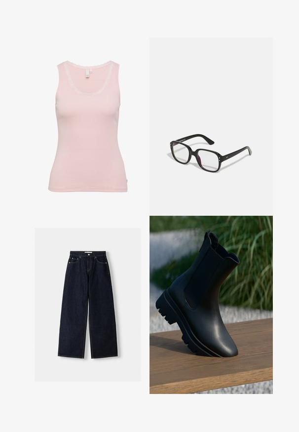 Zwarte blazer met een gestructureerd ontwerp, gesloten met één knop en scherpe revers; gedragen met een zwarte doorzichtige top en blauwe versleten jeans.; Lichtroze tanktop met een ribbelstructuur, voorzien van een gegolfde kanten rand rond de halslijn en een aansluitende silhouet. Maatlabel zichtbaar.; Lichtbruin denimshirt met lange mouwen, een puntkraag, twee voorzakken en zilveren drukknoopjes. Beschikt over een ontspannen pasvorm en een duurzame textuur.; Donkerblauwe denim wijduitlopende jeans met een hoge taille, vijf zakken, contrasterende stiksels en zilveren metalen hardware. Gladde textuur en een nette afwerking.; Zwarte leren enkellaars met dikke zool, staand rechtop op een houten oppervlak buiten, met een achtergrond van groenblijvende planten.; Zwarte rechthoekige bril met heldere lenzen, voorzien van afgeronde randen en zijaccenten, met een glanzende afwerking van het montuur en de pootjes.