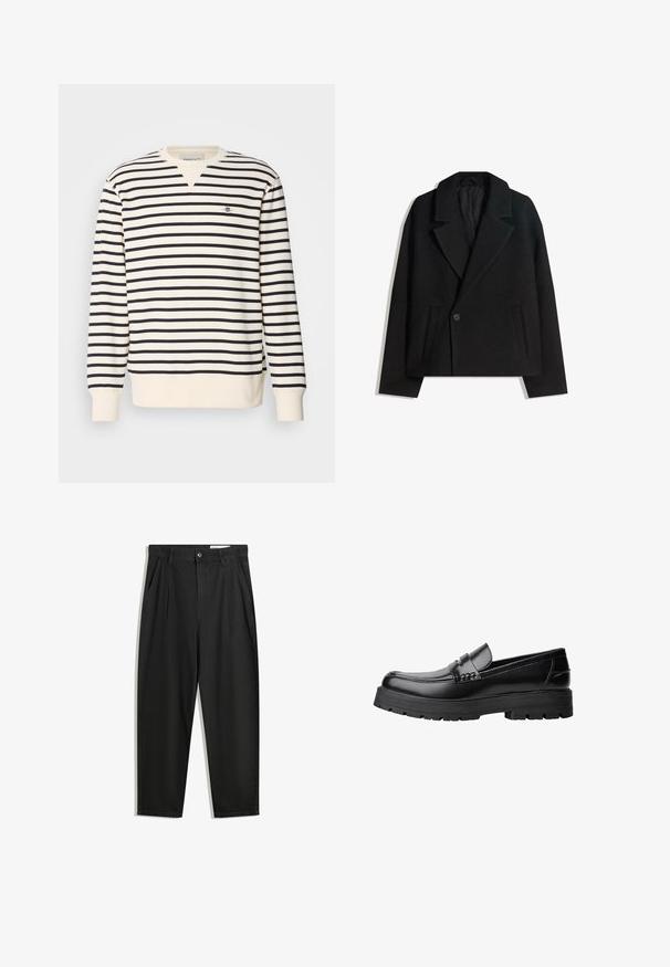 Cappotto doppiopetto in misto lana nera con rever strutturati, due tasche laterali e chiusura a un bottone. Tessuto morbido e testurizzato.; Felpa a manica lunga con scollatura a V. Presenta strisce alternate di colore blu navy e crema, e un piccolo logo ricamato sul petto. Materiale in misto cotone.; Pantaloni in cotone neri con una vestibilità rilassata, dotati di una vita classica, pieghe frontali e tasche laterali. Tessuto liscio senza fantasie.; Mocassino in pelle nera con suola spessa e tassellata e fascia decorativa sulla parte superiore, mostrato in profilo sinistro su sfondo bianco.