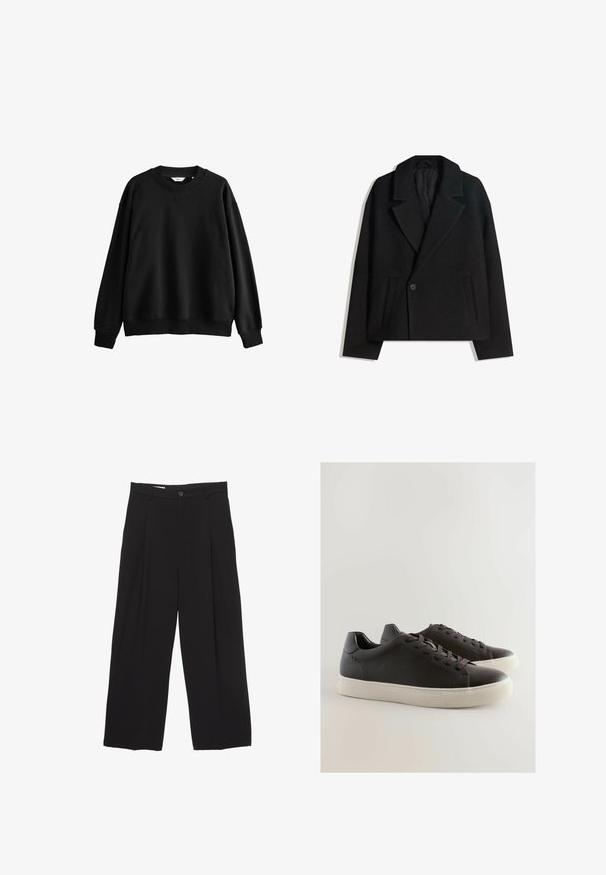 Schwarzer Wollmischung Doppelreiher-Mantel mit strukturierten Revers, zwei Seitentaschen und einer einzelnen Knopfschließe. Weicher, strukturiert Stoff.; Schwarzer Sweatshirt aus Baumwollmischung, mit rundem Ausschnitt, überschnittenen Schultern, gerippten Bündchen und einem lässigen, kastigen Schnitt.; Schwarze weit geschnittene Hose aus glattem Stoff, mit flachem Taillenbund, vorderen Falten und einer einzigen Knopfverschlus.; Schwarze Ledersneaker mit strukturiertem Finish, Schnürdesign, gummierter Sohle und kontrastierendem weißen Rand, mit dezenten Akzentnähten.