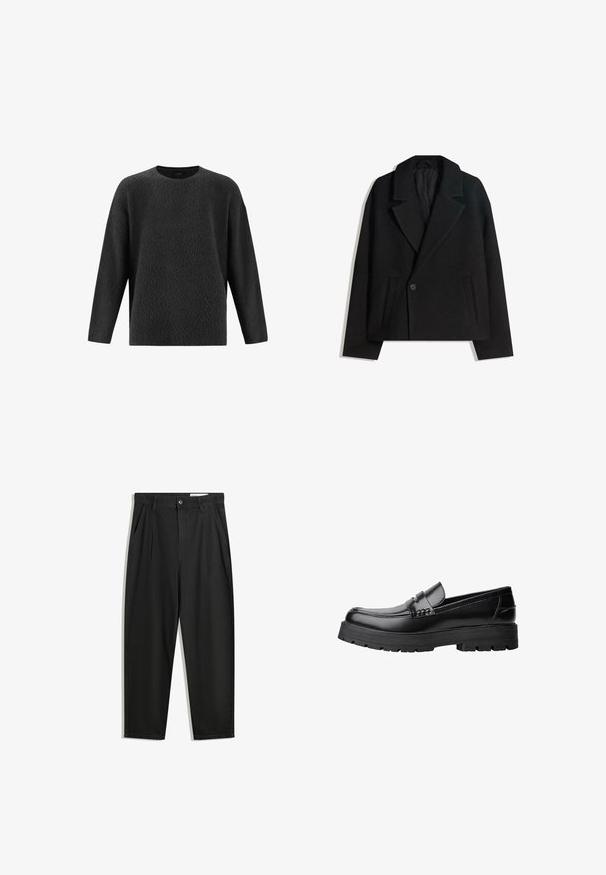 Zwart wollen blend dubbelzijdig jasje met gestructureerde revers, twee zijzakken en een enkele knoopsluiting. Zacht, textuurgegeven materiaal.; Zwarte, gestructureerde trui met een ronde hals en lange mouwen. Heeft een losse pasvorm en een zachte, fuzzy oppervlakte.; Zwarte katoenen broeken met een losse pasvorm, voorzien van een klassieke tailleband, voorplooien en zijzakken. Gladde structuur zonder patronen.; Zwarte leren loafer met een chunky profielzool en een decoratieve band over de bovenkant, weergegeven in het linkerzijprofiel op een witte achtergrond.