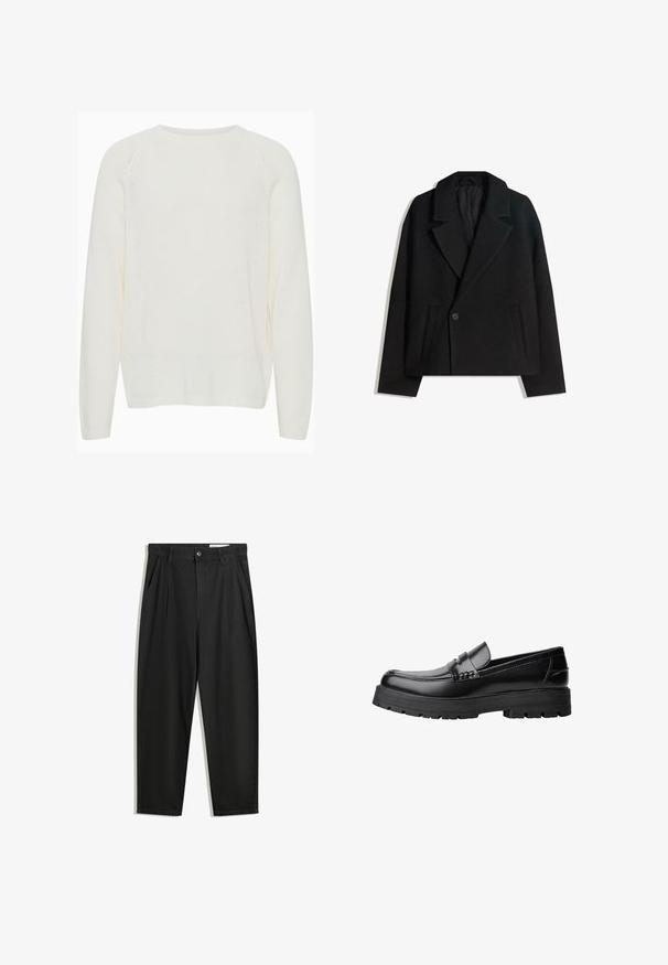 Zwart wollen blend dubbelzijdig jasje met gestructureerde revers, twee zijzakken en een enkele knoopsluiting. Zacht, textuurgegeven materiaal.; Witte gebreide trui met een ronde halslijn, lange raglanmouwen, geribbelde manchetten en een iets losse fit. De textuur lijkt zacht en lichtgewicht.; Zwarte katoenen broeken met een losse pasvorm, voorzien van een klassieke tailleband, voorplooien en zijzakken. Gladde structuur zonder patronen.; Zwarte leren loafer met een chunky profielzool en een decoratieve band over de bovenkant, weergegeven in het linkerzijprofiel op een witte achtergrond.