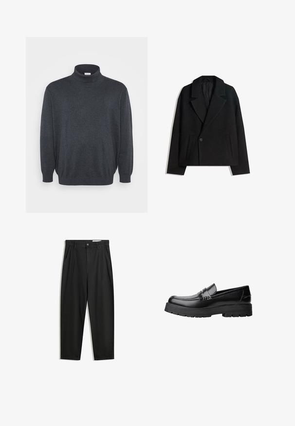 Sort uldblandet dobbeltradet frakke med strukturerede revers, to sidelommer og en enkelt knaplukning. Blødt, tekstureret stof.; Jack & Jones JJEBASIC ROLL NECK - Striktrøje - dark grey melange; Sorte bomuldsbukser med en afslappet pasform, der har en klassisk talje, frontfolder og sidelommer. Glat tekstur uden mønstre.; Sort læderloafer med kraftig sål og dekorativ rem henover, vist i venstre sideprofil på hvid baggrund.