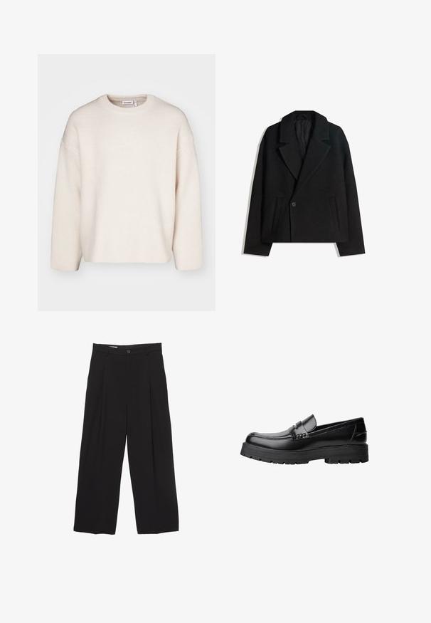 Sort uldblandet dobbeltradet frakke med strukturerede revers, to sidelommer og en enkelt knaplukning. Blødt, tekstureret stof.; Cremefarvet strikket sweater med rund hals, sænkede skuldre og lange ærmer. Enkel design uden pynt.; Sorte bukser med bred benvidde lavet af glat stof, med flad talje, frontfolder og en enkelt knaplukning.; Sort læderloafer med kraftig sål og dekorativ rem henover, vist i venstre sideprofil på hvid baggrund.