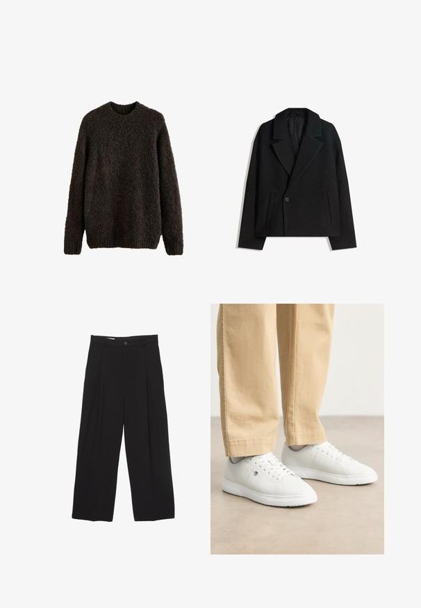 Cappotto doppiopetto in misto lana nera con rever strutturati, due tasche laterali e chiusura a un bottone. Tessuto morbido e testurizzato.; Maglione lavorato a maglia di colore marrone scuro, caratterizzato da una superficie testurizzata, maniche lunghe e collo rotondo. Materiale morbido e spesso.; Pantaloni neri a gamba larga realizzati in tessuto morbido, con vita piatta, pinces frontali e chiusura con un bottone.; Sneakers in pelle bianca con finitura liscia, dotati di punta rotonda, chiusura con lacci e dettaglio logo discreto sul lato, abbinati a pantaloni beige.
