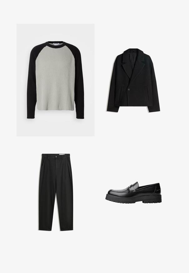 Črn brezčrtni dvojni plašč iz volnene mešanice z oblikovanimi reverji, dvema stranskima žepoma in enim gumbom. Mehka, teksturirana tkanina.; Ženski pulover iz rebraste pletenine z svetlo sivo osnovno barvo in črnimi raglan rokavi. Ima okrogel ovratnik, teksturirano tkanino in sproščen kroj.; Črne bombažne hlače s sproščenim krojem, ki vključujejo klasičen pas, sprednje gube in stranske žepke. Gladka tekstura brez vzorcev.; Črne usnjene loafersice s debelim profiliranim podplatom in dekorativnim pasom čez zgornji del, prikazane v levem stranskem profilu na beli podlagi.