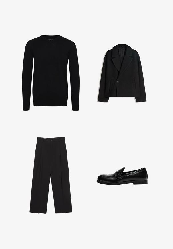 Palton dublu din lână neagră, cu rever structurat, două buzunare laterale și închidere cu un singur buton. Material moale, texturat.; Pulover negru cu decolteu în V și mâneci lungi, realizat dintr-un material tricotat neted. Dispune de un tiv și manșete cu model côtelé, având un mic detaliu cu logo în partea de jos.; Pantaloni negri cu croi larg, realizati dintr-un material neted, avand o talie plată, pliuri frontale și un buton de închidere.; Loafers din piele neagră cu un finisaj neted, având un detaliu de cusătură pe gât și o talpă joasă din cauciuc negru solid.