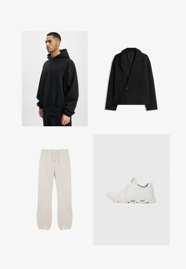 Cappotto doppiopetto in misto lana nera con rever strutturati, due tasche laterali e chiusura a un bottone. Tessuto morbido e testurizzato.; DEF HERREN - Felpa con cappuccio - black washed; Pantaloni in lino beige chiaro con vita elastica e cordoncino. Design a gamba dritta con una texture liscia e leggermente affusolata alle caviglie.; Scarpe atletiche bianche con tomaia in maglia testurizzata, lacci piatti e una suola ammortizzata con camere d'aria visibili per un supporto aggiuntivo.