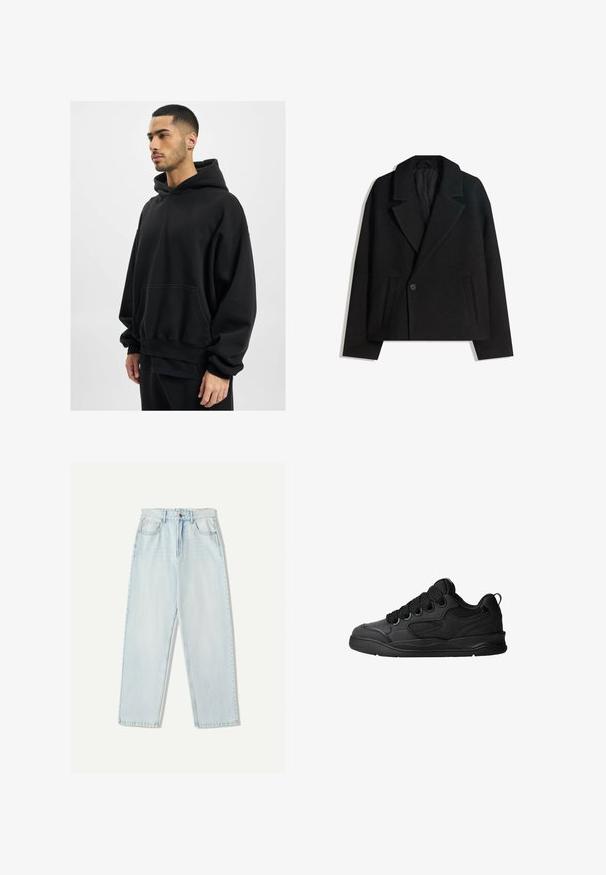 Schwarzer Wollmischung Doppelreiher-Mantel mit strukturierten Revers, zwei Seitentaschen und einer einzelnen Knopfschließe. Weicher, strukturiert Stoff.; DEF HERREN - Kapuzenpullover - black washed; Helle blaue Denim-Jeans mit lässiger Passform, geradem Beindesign, Fünf-Taschen-Stil und dezentem Verblassen des Stoffes.; Schwarze Sneaker mit strukturiertem Obermaterial, ausgestattet mit Schnürsenkeln, Mesh-Akzenten für Atmungsaktivität, gepolstertem Kragen und einer stabilen Laufsohle.