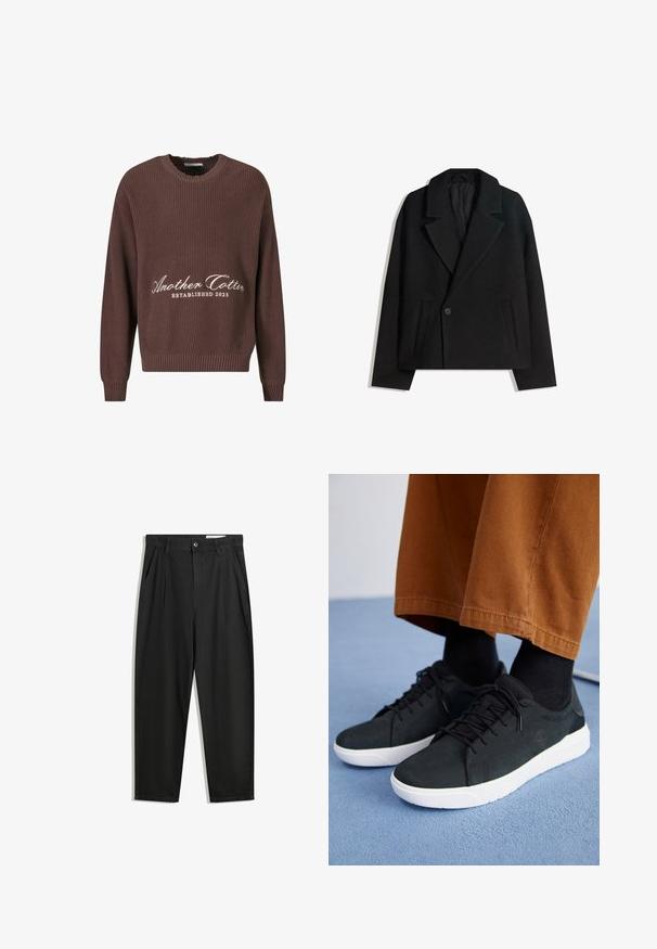 Cappotto doppiopetto in misto lana nera con rever strutturati, due tasche laterali e chiusura a un bottone. Tessuto morbido e testurizzato.; Maglione a coste marrone con scollatura a girocollo. Presenta la scritta bianca "Another Cotton Established 2023" sul davanti e polsini a coste.; Pantaloni in cotone neri con una vestibilità rilassata, dotati di una vita classica, pieghe frontali e tasche laterali. Tessuto liscio senza fantasie.; Sneakers in suede nera con suole in gomma bianca, dotati di un design con lacci, accenti testurizzati e branding sottile, abbinati a pantaloni marroni.
