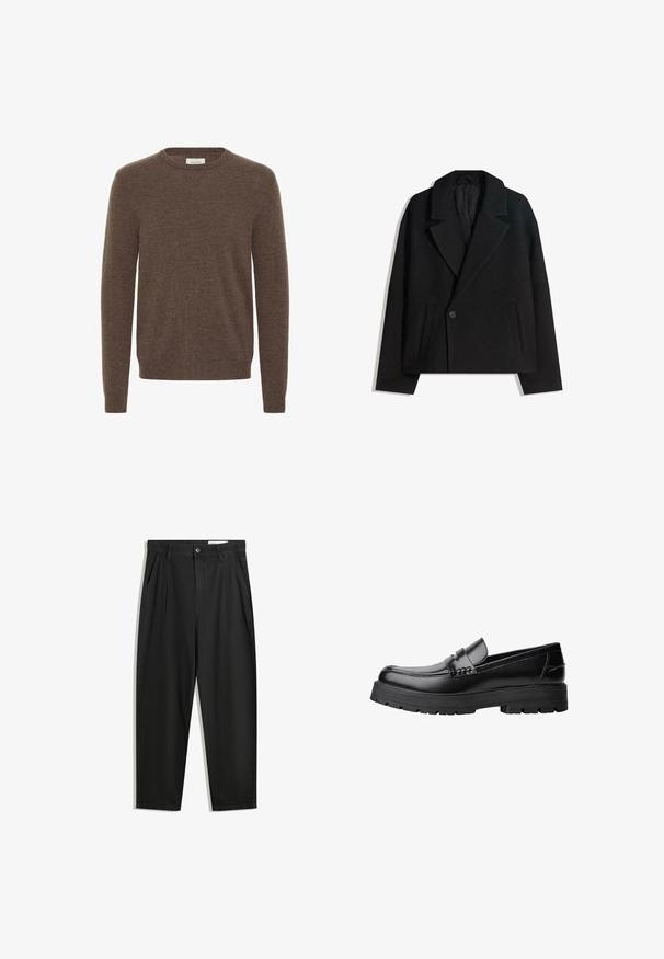 Schwarzer Wollmischung Doppelreiher-Mantel mit strukturierten Revers, zwei Seitentaschen und einer einzelnen Knopfschließe. Weicher, strukturiert Stoff.; Brauner Strickpullover mit rundem Ausschnitt, langen Ärmeln und einer weichen Textur. Einfaches Design ohne sichtbare Muster oder Akzente.; Schwarze Baumwollhose mit lockerem Schnitt, ausgestattet mit einem klassischen Bund, vorderen Falten und Seiten taschen. Glatte Textur ohne Muster.; Schwarzer Lederloafer mit grobem, rutschfestem Sohlenprofil und dekorativem Riemen über der Oberseite, seitlich links auf weißem Hintergrund abgebildet.