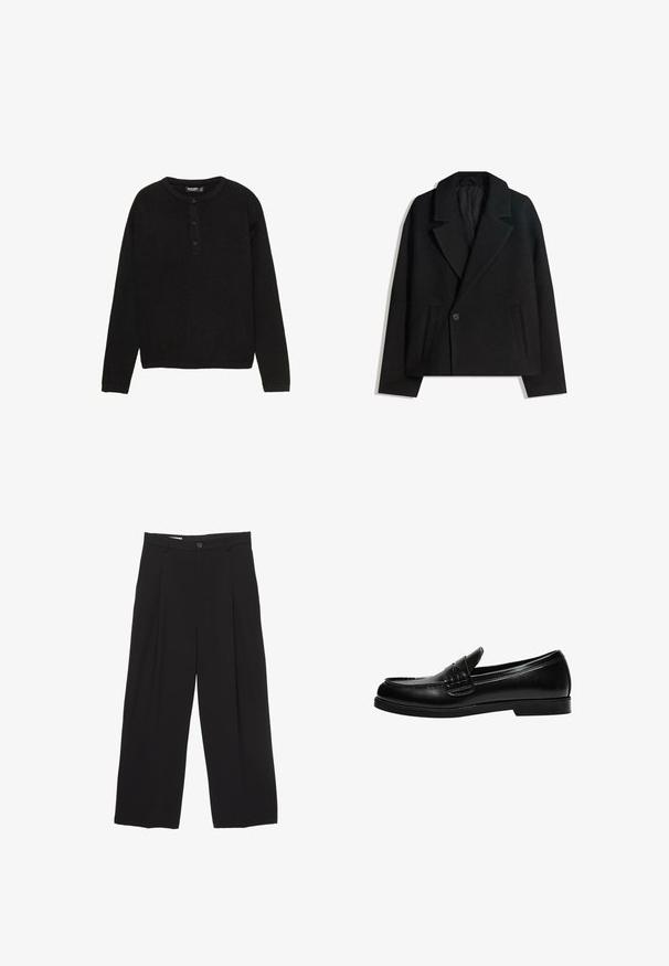 Črn brezčrtni dvojni plašč iz volnene mešanice z oblikovanimi reverji, dvema stranskima žepoma in enim gumbom. Mehka, teksturirana tkanina.; Črni dolg rokav pulover iz ribastih tkanin, z okroglo ovratnikom in gumbno zapenjanjem spredaj s tremi gumbi.; Črne široke hlače iz gladkega blaga, z ravnim pasom, sprednjimi povešalnimi pregibi in enim gumbom za zapiranje.; Črne usnjene loafer čevlje z gladko površino, ki imajo šivano dekoracijo na vampu in nizko, trdo črno gumijasto podplat.