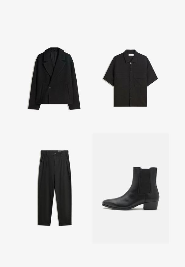 Fekete gyapjú keverék, kétsoros kabát strukturált hajtókákkal, két oldalsó zsebbel és egysoros gombzárral. Puha, texturált anyag.; Fekete, rövid ujjú ing sima textúrájú anyagból készült, két elülső zsebbel, klasszikus gallérral és gombos záródással.; Fekete pamut nadrág laza szabással, klasszikus derékrésszel, elülső hajtásokkal és oldalsó zsebekkel. Simább textúra minta nélkül.; Zign LEATHER - Klasszikus bokacsizmák - black