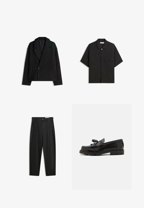 Palton dublu din lână neagră, cu rever structurat, două buzunare laterale și închidere cu un singur buton. Material moale, texturat.; Cămașă neagră cu mâneci scurte, realizată dintr-un material cu o textură netedă, dotată cu două buzunare frontale, un guler clasic și închidere cu nasturi.; Pantaloni negri din bumbac cu croială lejeră, având un brâu clasic, plii frontale și buzunare laterale. Textură netedă fără modele.; Mocasini din piele neagră, cu un design de tip mocasin, având un ciucure decorativ și franjuri, o suprafață texturată și o talpă din cauciuc masivă.