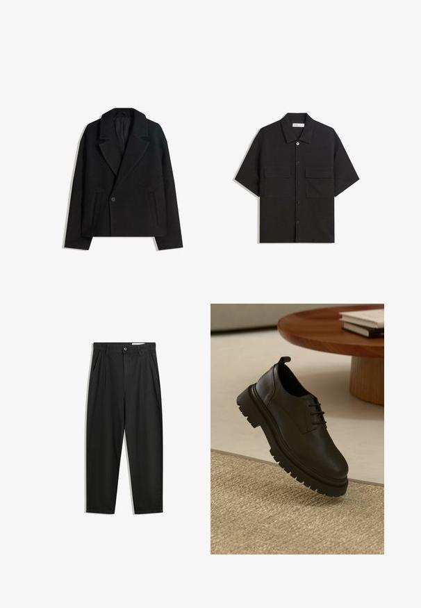 Cappotto doppiopetto in misto lana nera con rever strutturati, due tasche laterali e chiusura a un bottone. Tessuto morbido e testurizzato.; Camicetta nera a maniche corte realizzata in tessuto con una trama liscia, presenta due tasche frontali, un colletto classico e chiusura con bottoni.; Pantaloni in cotone neri con una vestibilità rilassata, dotati di una vita classica, pieghe frontali e tasche laterali. Tessuto liscio senza fantasie.; Scarpa in pelle nera con superficie testurizzata, punta rotonda, design con lacci e suola in gomma nera spessa. In sospensione sopra un tappeto intrecciato.