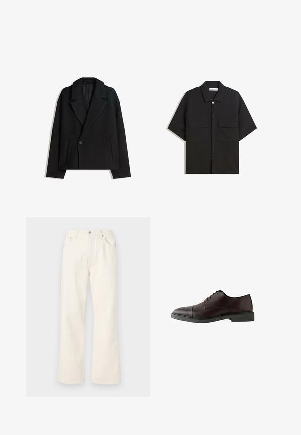 Čierny kabát s dvojitým zapínaním zo zmesi vlny s vyžehlenými klopami, dvoma bočnými vreckami a jedným gombíkom. Mäkká, štruktúrovaná látka.; Čierna polokošeľa s krátkym rukávom vyrobená z látky s hladkou textúrou, má dve predné vrecká, klasický golier a zapínanie na gombíky.; Krémové široké džínsy vyrobené z denimu, s klasickým piatimi vreckami a kovovým gombíkom na uzavieranie v páse.; Tmavo vínové kožené šnurovacie topánky s okrúhlou špičkou, plochou čiernou podrážkou, minimálnym prešívaním a hladkým povrchom.