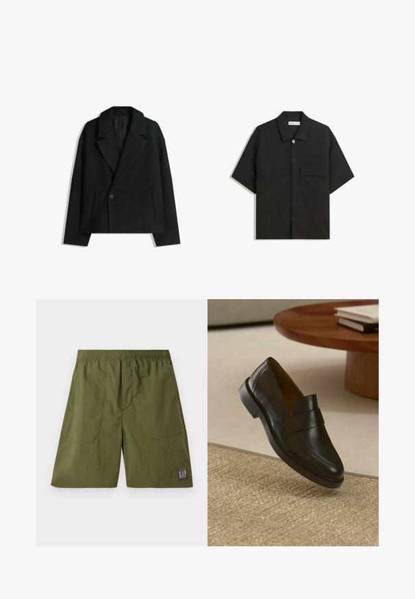 Musta villasekoitekaksirivinen takki, jossa on jämäkät kaulukset, kaksi sivutaskua ja yksi napitus. Pehmeä, tekstuuriainen kangas.; Lyhythihainen musta paita, joka on valmistettu sileästä kankaasta, jossa on kaksi etutaskua, klassinen kaulus ja napitus.; Vihreät nailonihousut, joissa on joustava vyötärö, kaksi sivutaskua ja patch-tunnus, jossa lukee "GAP" valkoisella tummanharmaalla taustalla.; Musta nahkakengät, joissa on sileä pinta, pyöreä kärki ja koristeellinen hihna yläosassa. Matala kuminen korko, joka on asetettu tekstuuripinnalle.