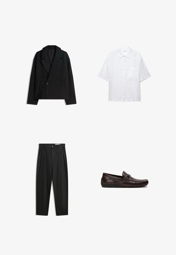 Črn brezčrtni dvojni plašč iz volnene mešanice z oblikovanimi reverji, dvema stranskima žepoma in enim gumbom. Mehka, teksturirana tkanina.; Bela kratkosleeve srajca z gumbnim zapiranjem spredaj, ovratnikom in enim žepom na prsih. Narejena je iz lahkega materiala z gladko teksturo.; Črne bombažne hlače s sproščenim krojem, ki vključujejo klasičen pas, sprednje gube in stranske žepke. Gladka tekstura brez vzorcev.; Rjavi usnjeni loferji s zaobljenim nosom, dekorativno sponko in teksturirano prednjo šivanko, opremljeni s fleksibilnim črnim gumijastim podplatom.