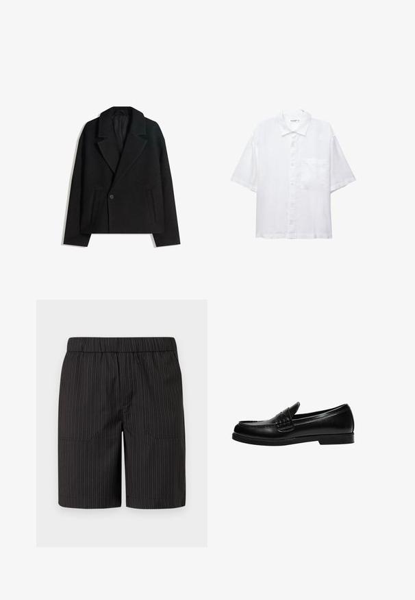 Palton dublu din lână neagră, cu rever structurat, două buzunare laterale și închidere cu un singur buton. Material moale, texturat.; Cămașă albă cu mânecă scurtă, cu închidere butonată în față, guler și un singur buzunar pe piept. Confecționată dintr-un material ușor, cu o textură netedă.; Șorturi negre cu dungi verticale albe subtili, talie elastică și două buzunare laterale, realizate dintr-un material ușor, texturat.; Loafers din piele neagră cu un finisaj neted, având un detaliu de cusătură pe gât și o talpă joasă din cauciuc negru solid.