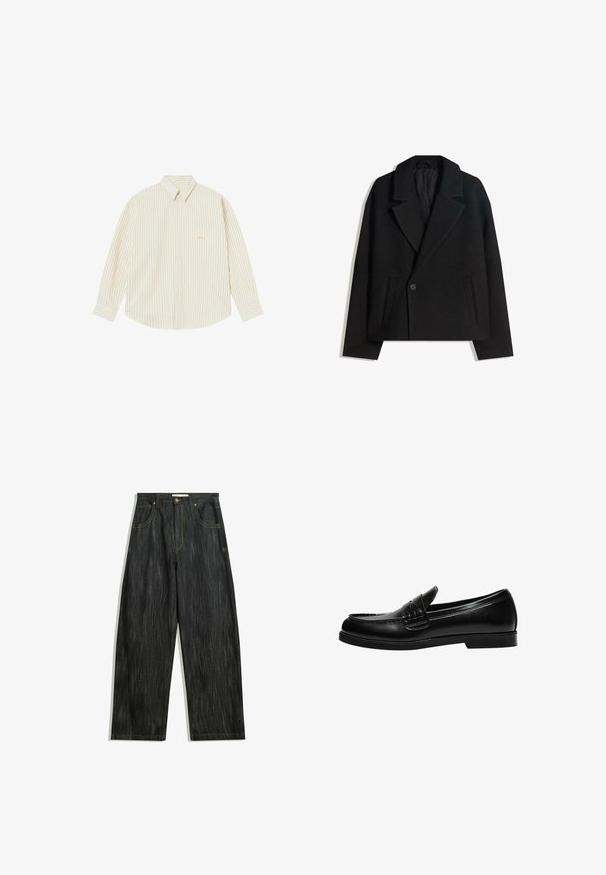 Sort uldblandet dobbeltradet frakke med strukturerede revers, to sidelommer og en enkelt knaplukning. Blødt, tekstureret stof.; Lyscremet skjorte med knapper og tynde lodrette striber. Har spidse kraver, lange ærmer og et lille broderet logo på brystlommen.; Mørke denim jeans med en løs pasform, med subtil lodret tekstur, gule sømme, fem lommer og en klassisk knaplukning.; Sorte læder loafers med en glat overflade, der har en syning detalje på vampen og en lav, solid sort gummisål.
