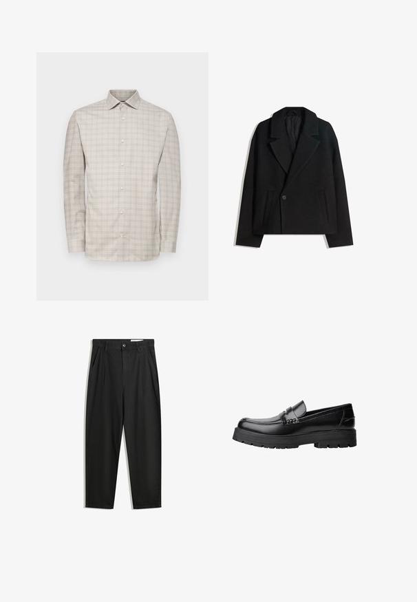 Zwart wollen blend dubbelzijdig jasje met gestructureerde revers, twee zijzakken en een enkele knoopsluiting. Zacht, textuurgegeven materiaal.; Langsleeve button-up shirt in licht beige met een fijn ruitpatroon. Voorzien van een kraag en knopen aan de voorkant, gemaakt van lichtgewicht stof.; Zwarte katoenen broeken met een losse pasvorm, voorzien van een klassieke tailleband, voorplooien en zijzakken. Gladde structuur zonder patronen.; Zwarte leren loafer met een chunky profielzool en een decoratieve band over de bovenkant, weergegeven in het linkerzijprofiel op een witte achtergrond.