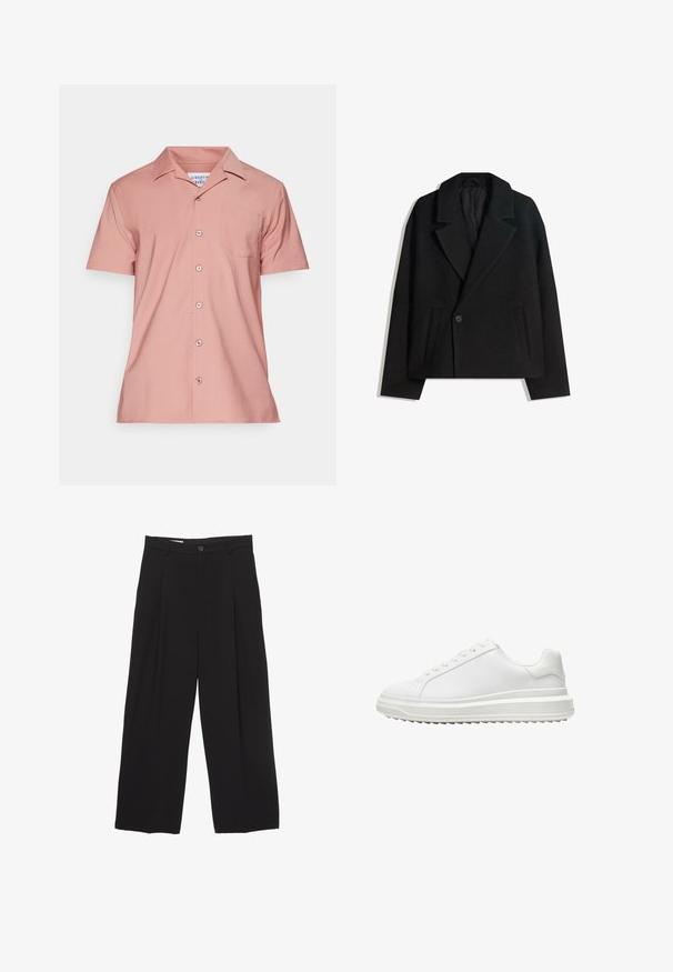 Čierny kabát s dvojitým zapínaním zo zmesi vlny s vyžehlenými klopami, dvoma bočnými vreckami a jedným gombíkom. Mäkká, štruktúrovaná látka.; Košeľa na gombíky s krátkym rukávom v svetloružovej farbe, vyrobená z hladkej tkaniny. Má náprsné vrecko a klasický golier s prednými gombíkmi.; Čierne široké nohavice vyrobené z hladkej tkaniny, s plochým pásom, prednými záhybmi a jedným zapínaním na gombík.; Biele tenisky so hladkým syntetickým zvrškom, okrúhlou špičkou, plochými šnúrkami, texturovanou podrážkou a vrstveným dizajnom platformy na zvýšenie výšky.