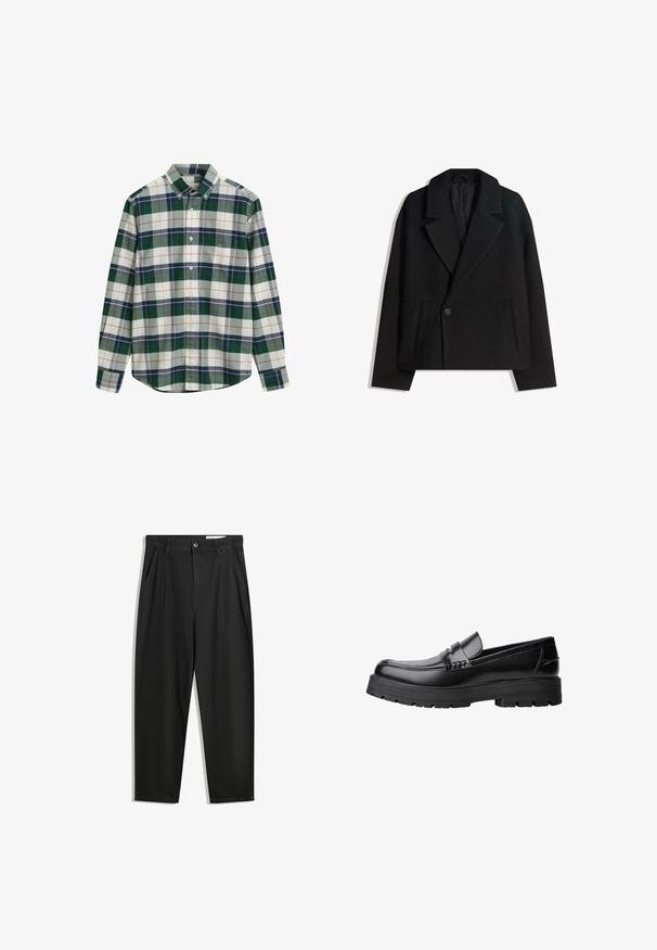 Černý vlněný dvouřadý kabát se strukturovanými reverzy, dvěma bočními kapsami a jedním knoflíkovým zapínáním. Měkká, texturovaná tkanina.; Zeleno-bílá kostkovaná košile na knoflíky s límečkem, zdobená námořnickou modří, šedou a oranžovými akcenty. Obsahuje kapsu na levé straně hrudníku.; Černé bavlněné kalhoty s uvolněným střihem, klasickým pasem, předními záhyby a bočními kapsami. Hladká textura bez vzorů.; Černé kožené mokasíny s masivní podrážkou a dekoračním páskem přes horní část, zobrazené v levém bočním profilu na bílém pozadí.